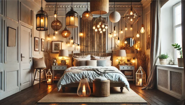 Bedroom With Rustic String Lights Ideas - 06